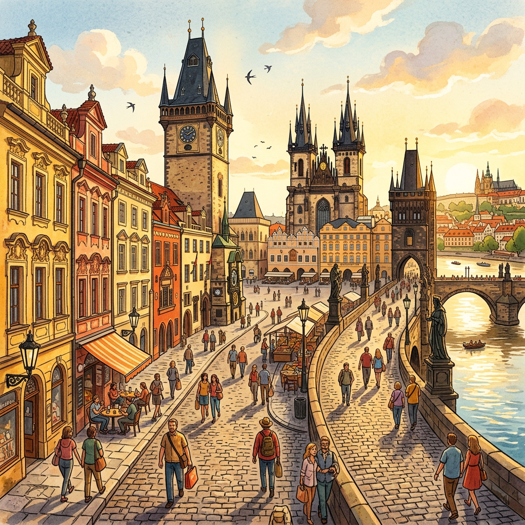 Illustration of Prague’s historic riverside with Gothic churches, Charles Bridge, and pedestrians