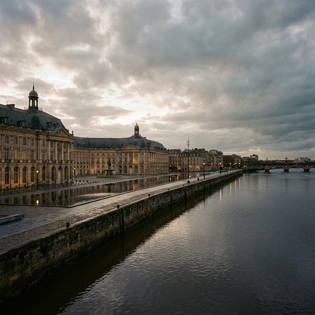 Historic riverside buildings and bridge beneath dramatic cloudy skies